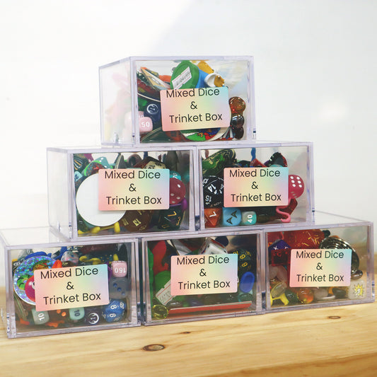 Trinket Dice and Collectible Grab Bag Box Made by the Geek Peek Photo showing 6 boxes stack in a pyramid shape