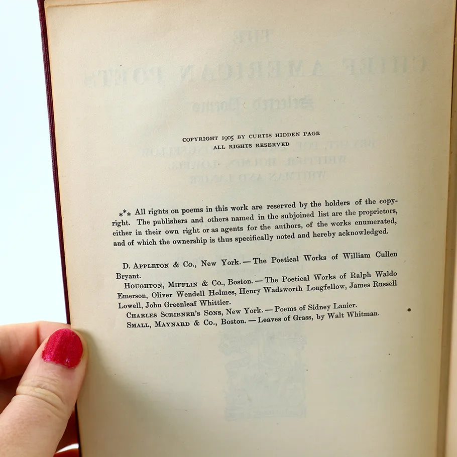 1905 The Chief American Poets Reading Circle Edition Edited by Curtis Hidden Page Hardcover Book Copyright