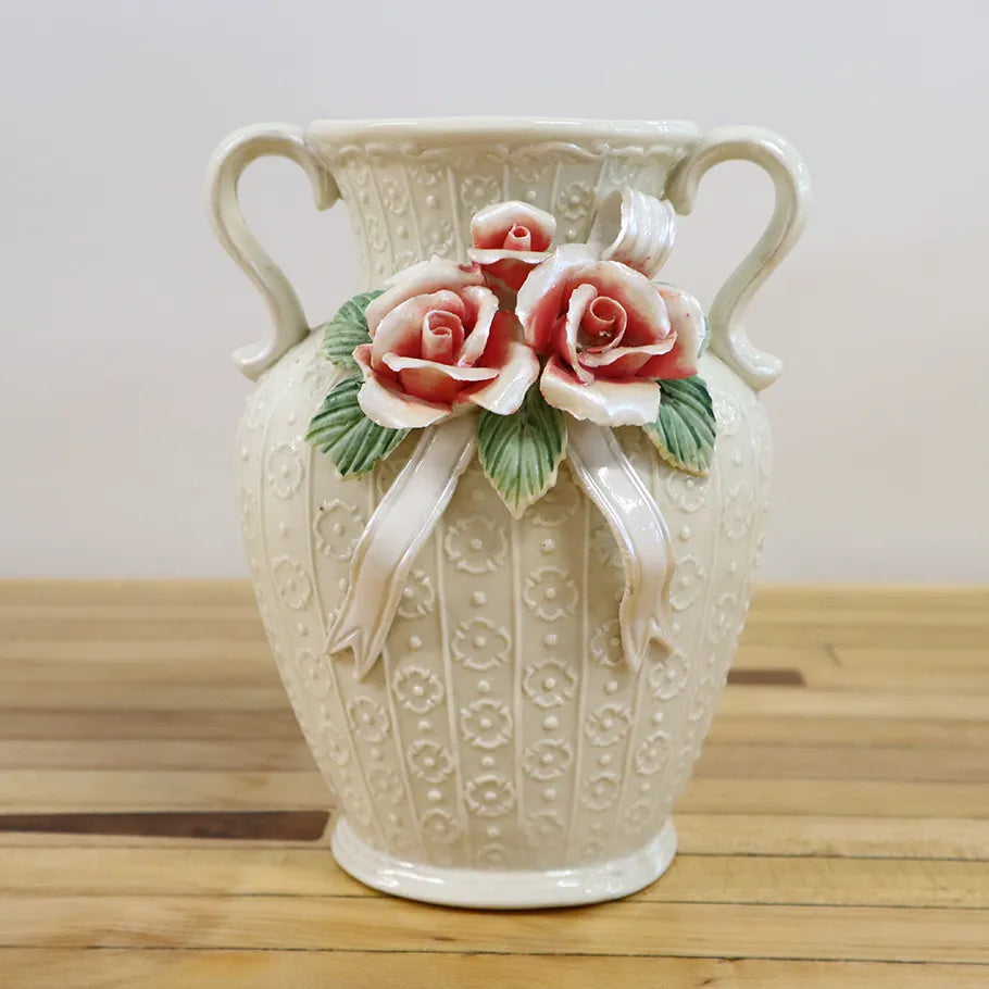 Vtg Italian Capodimonte style Porcelain Vase & Reina Califa Plate Flower Roses Flower Vase 2