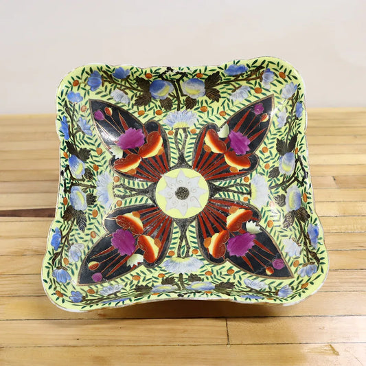 Stunning Vtg Chinese Cloisonne Colorful Floral Square Platter Gold Accents Design