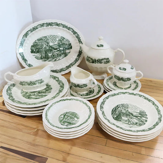 Vintage 22 Piece Set Knowles Green Sleepy Hollow Ceramic Rare Kalla Print Full Set