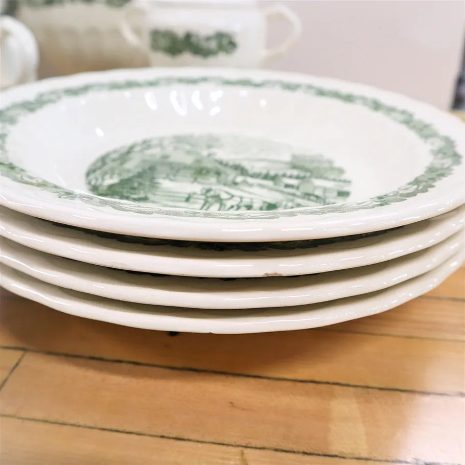 Vintage 22 Piece Set Knowles Green Sleepy Hollow Ceramic Rare Kalla Print Salad Plate Stack Showing Chip