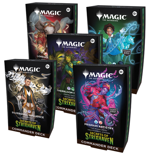Magic: The Gathering - Secrets of Strixhaven Set of All 5 Commander Decks (Release Date: 04/24/26) Includes All 5 Decks (Silverquill Influence, Prismari Artistry, Witherbloom Pestilence, Lorehold Spirit, Quandrix Unlimited)