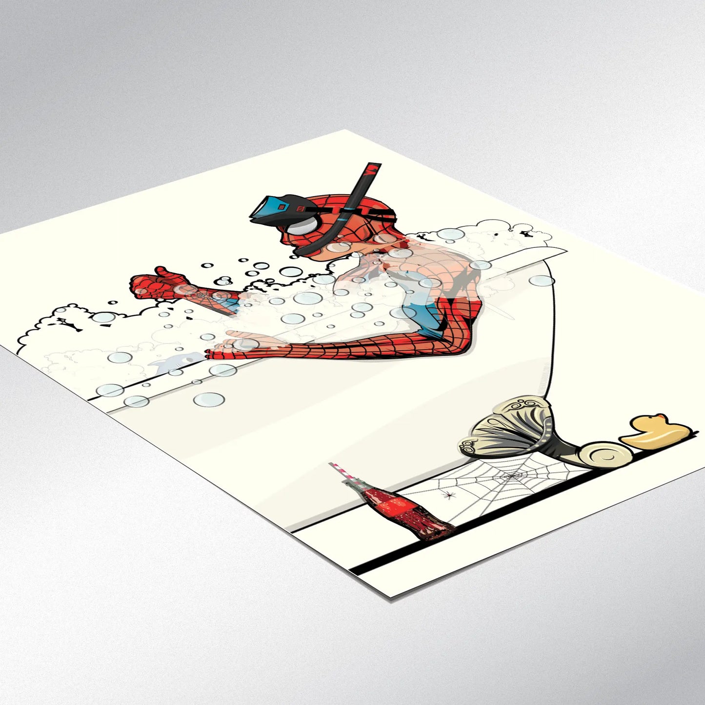 Funny Art Print of Spider-man in the Bath: 12in x 16in Unframed