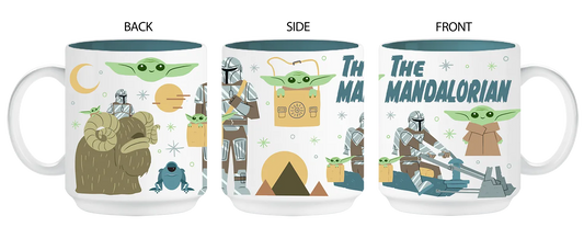 Star Wars The Mandalorian 14oz Stackable Ceramic Mug: Cartoon Grogu Scene Front Back Side Diagram