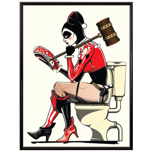 Funny Art Print of Harley Quinn on the Toilet: 12in x 16in Unframed