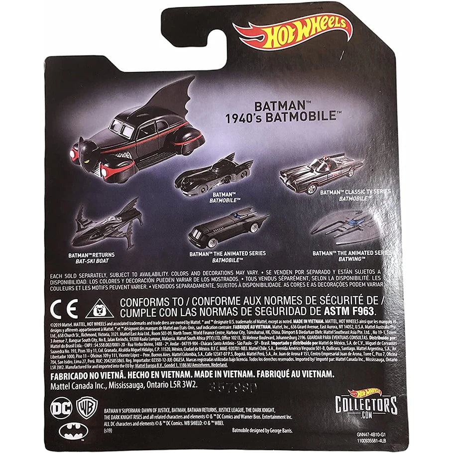 Batman Hotwheels Set 1940's Batmobile in Blister on Card Back 1:50 scale diecast car Rear Profile