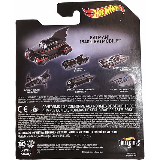 Batman Hotwheels Set 1940's Batmobile in Blister on Card Back 1:50 scale diecast car Rear Profile