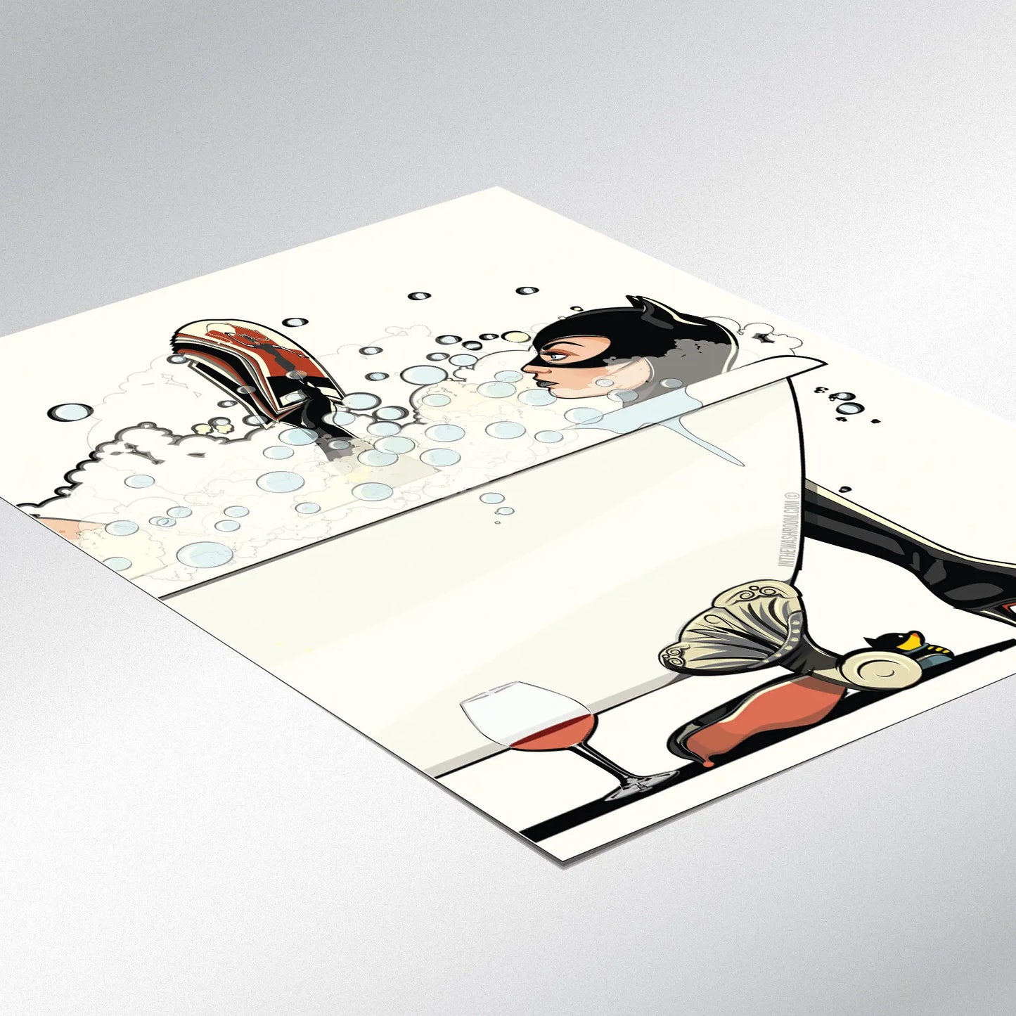 Funny Art Print of Catwoman in the Bath: 12in x 16in Unframed