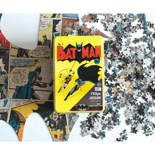 DC Comics Batman 750pc. Puzzle: 24in x 21in: Collectible Tin Set Front Profile on Table
