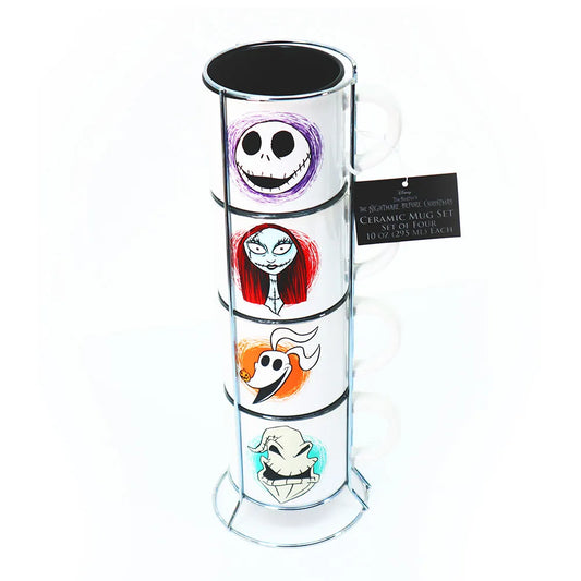 Tim Burton's Nightmare Before Christmas: Set of 4 Stackable 10oz Mugs With Stand: Jack Sally Zero Oogie Boogie