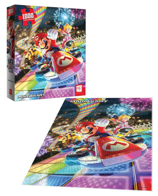 Nintendo Super Mario 1000pc. Puzzle: 27in x 19in: Mariokart Rainbow Road Puzzle Displayed on Table