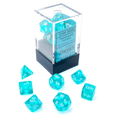 7ct. Mini Dice Set: Chess Ex Translucent Teal White: D&D RPG Die