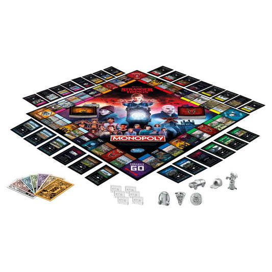 All of the Pieces of Stranger Things Monopoly displayed on table