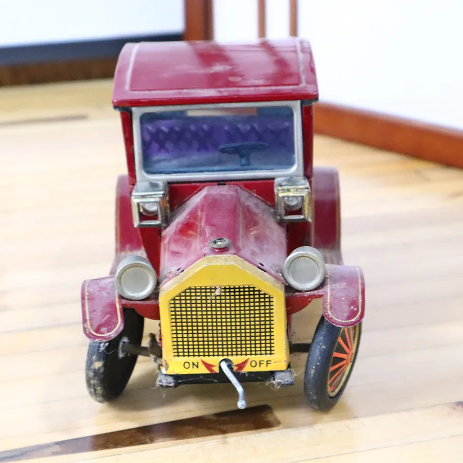 Vintage 1950s Rosko Battery Operated Grand-Pa Tin Toy Car Made in Japan Front View