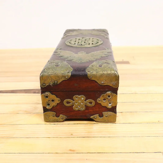 Vintage Wood Hand Carved Storage Box w/ Handmade Metal Fittings 10"x4"x3" Side Profile