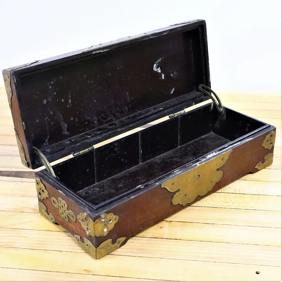 Vintage Wood Hand Carved Storage Box w/ Handmade Metal Fittings 10"x4"x3" Opened