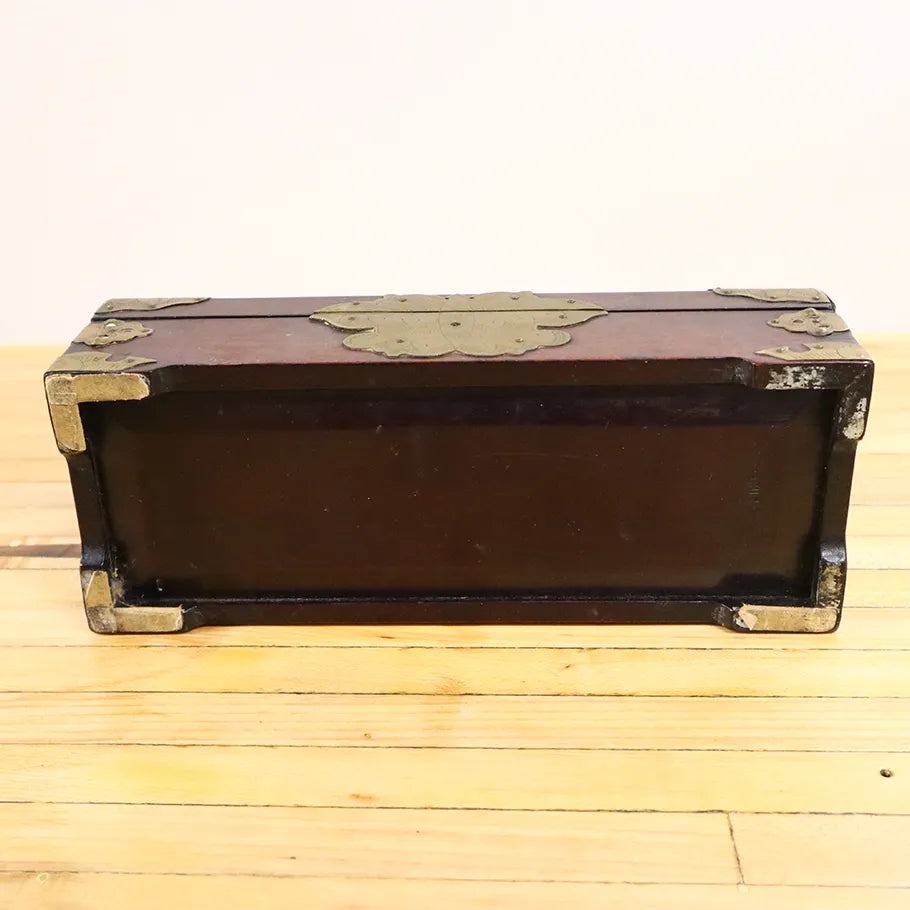 Vintage Wood Hand Carved Storage Box w/ Handmade Metal Fittings 10"x4"x3" Bottom