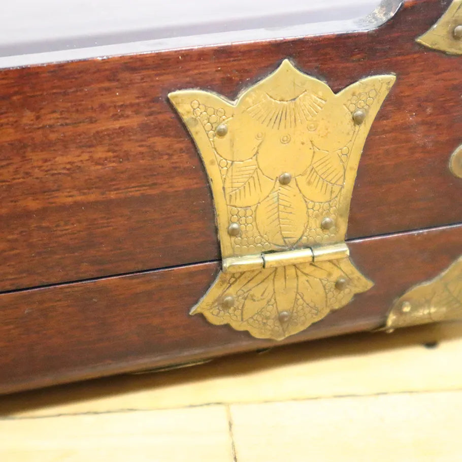 Vintage Wood Hand Carved Storage Box w/ Handmade Metal Fittings 10"x4"x3" Hinges