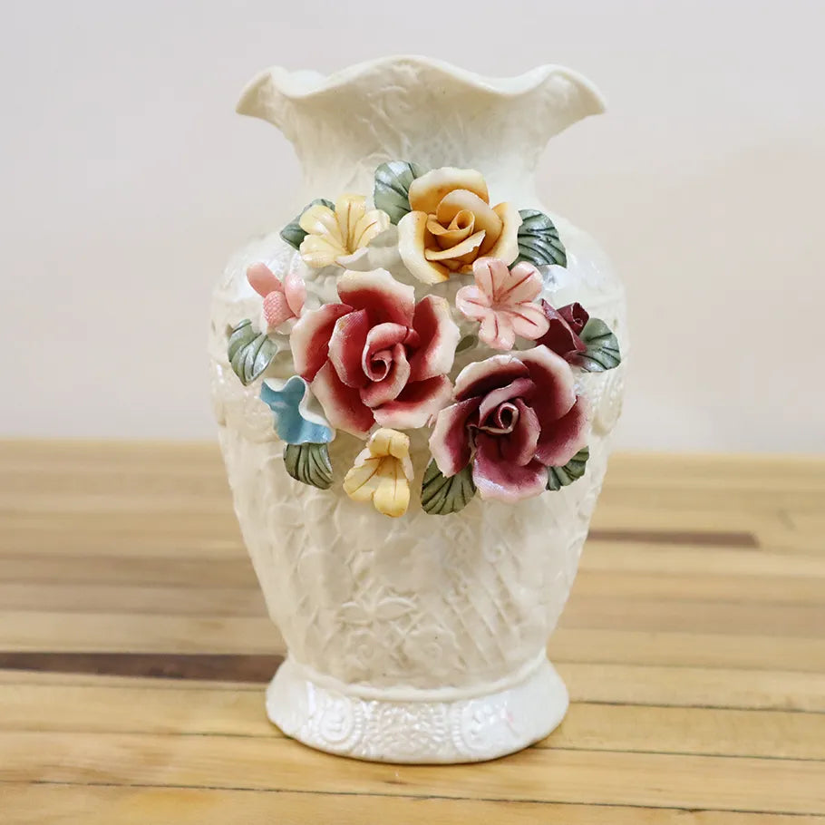Vtg Italian Capodimonte style Porcelain Vase & Reina Califa Plate Flower Roses Flower Vase 1