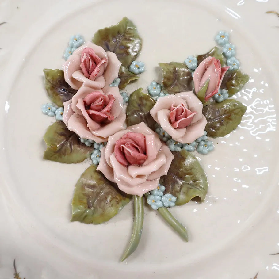 Vtg Italian Capodimonte style Porcelain Vase & Reina Califa Plate Flower Roses Close up of Flower Plate Design