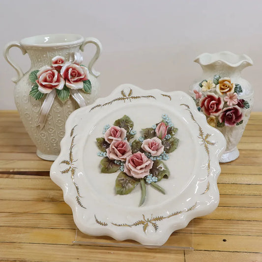 Vtg Italian Capodimonte style Porcelain Vase & Reina Califa Plate Flower Roses Full Set