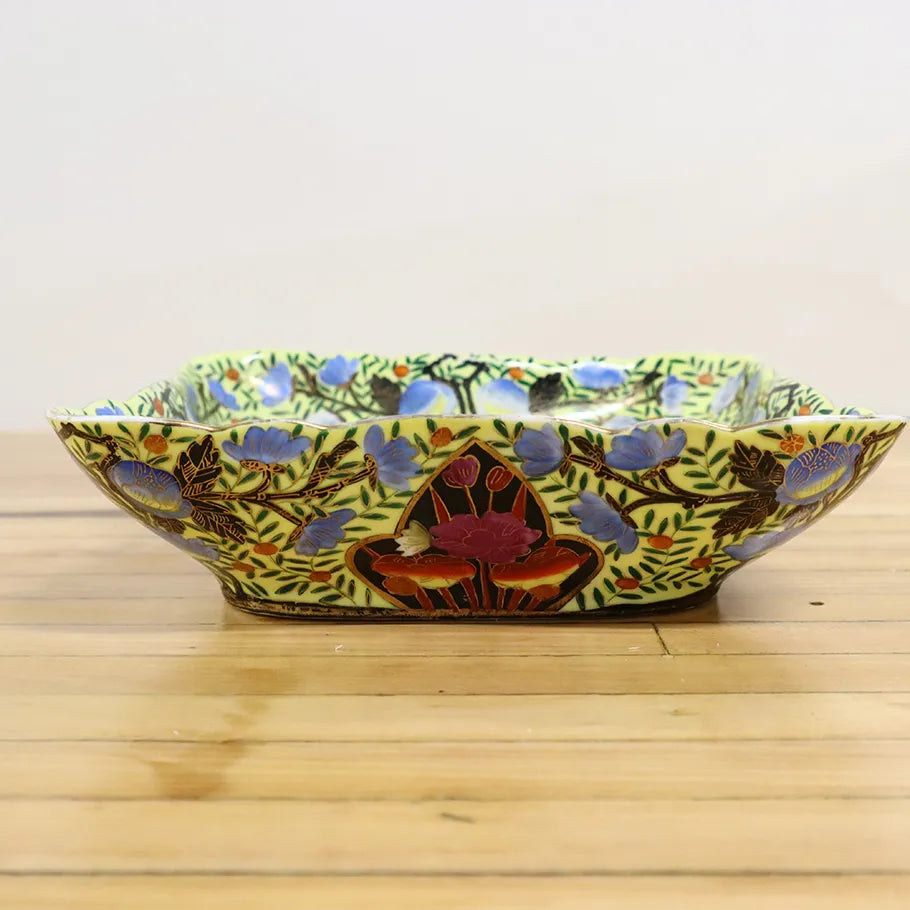  Stunning Vtg Chinese Cloisonne Colorful Floral Square Platter Gold Accents Side View 