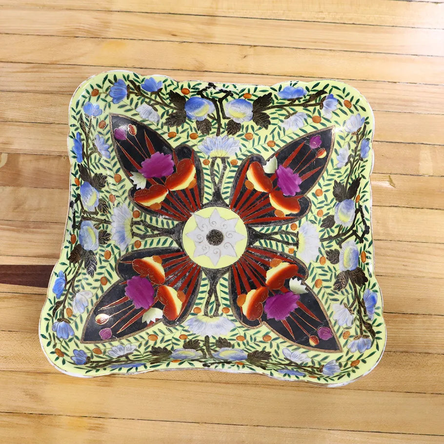 Stunning Vtg Chinese Cloisonne Colorful Floral Square Platter Gold Accents Above View of Design