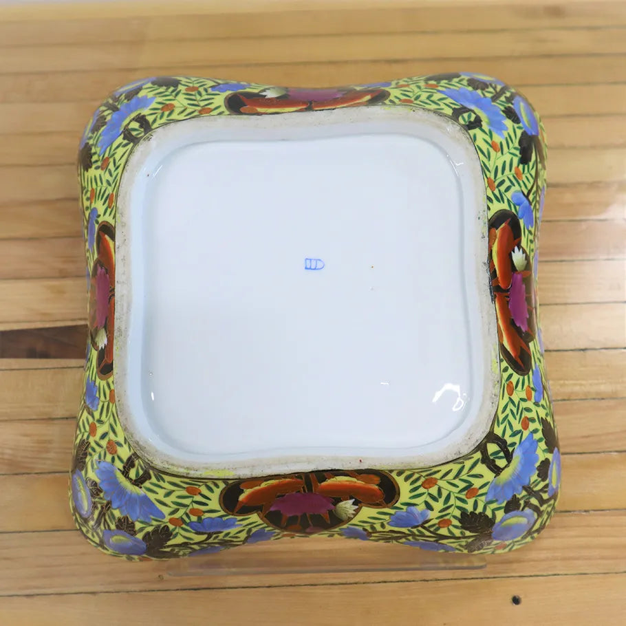  Stunning Vtg Chinese Cloisonne Colorful Floral Square Platter Gold Accents Bottom View