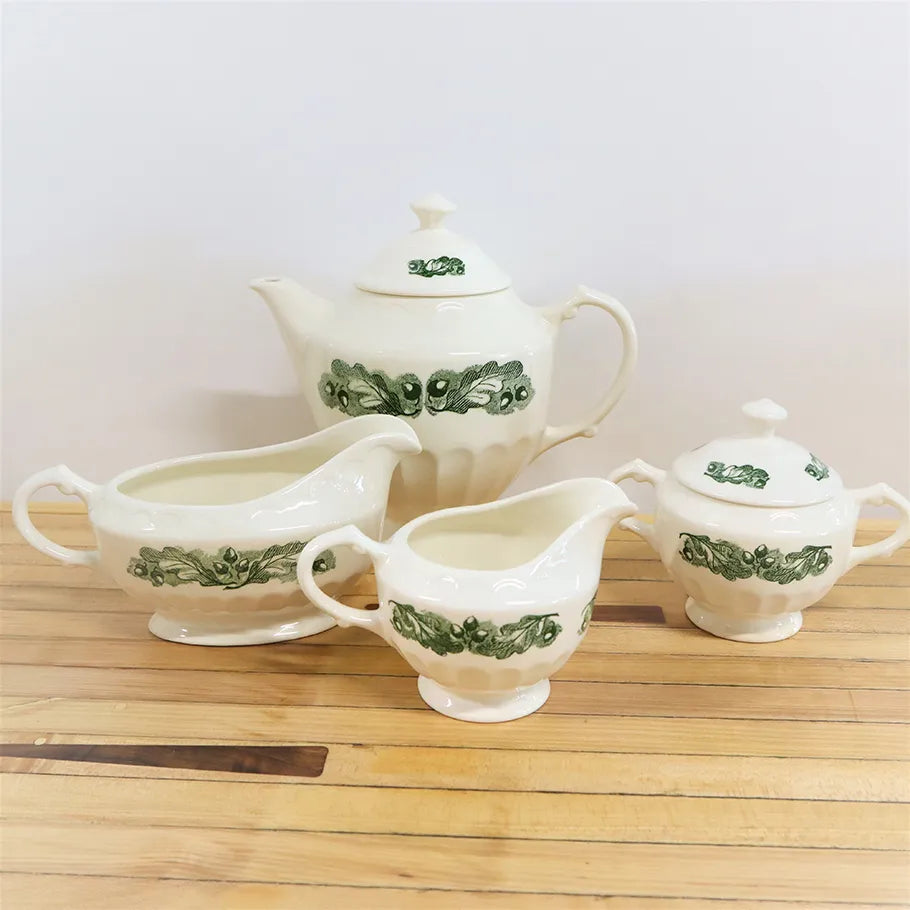 Vintage 22 Piece Set Knowles Green Sleepy Hollow Ceramic Rare Kalla Print Tea Pot Gravy Boat Sugar and Cream Design