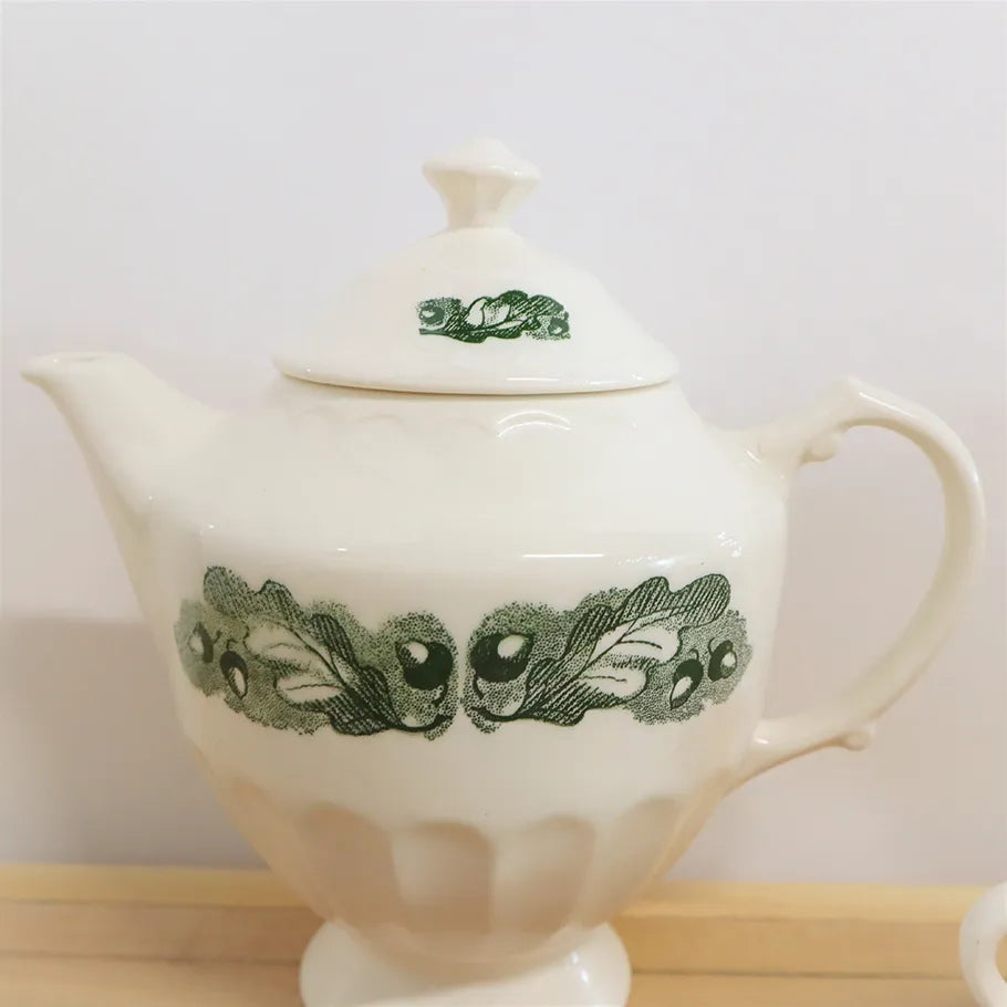 Vintage 22 Piece Set Knowles Green Sleepy Hollow Ceramic Rare Kalla Print Close up on Tea Pot Design