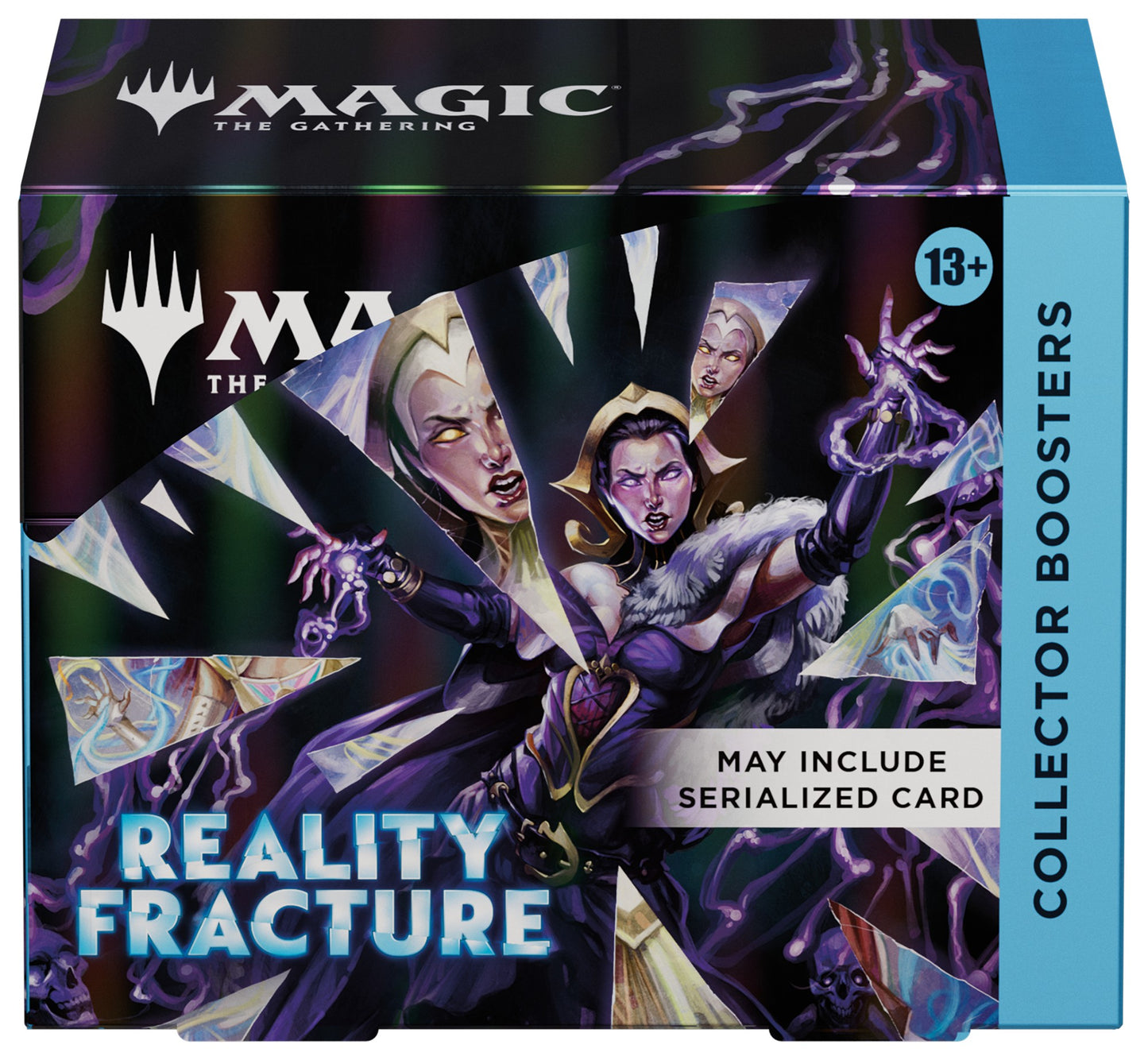 Box of 'Magic: The Gathering' Reality Fracture collector boosters with character artwork on a dark background.