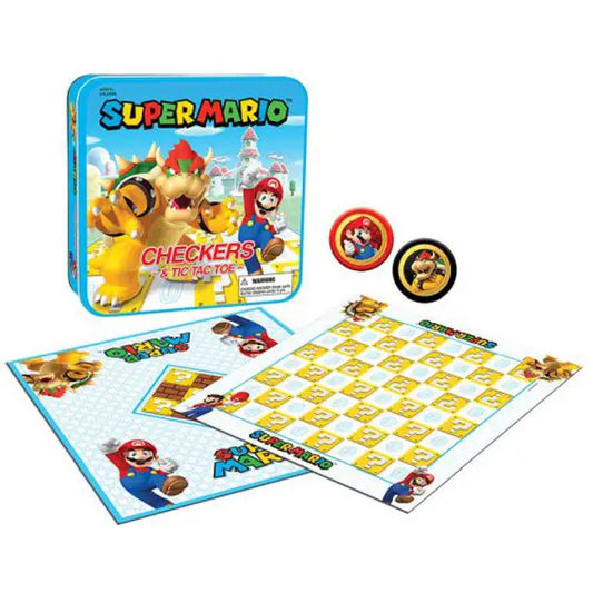 Super Mario Checkers and Tic Tac Toe Collectors Tin Featuring Mario and Bowser Full Display