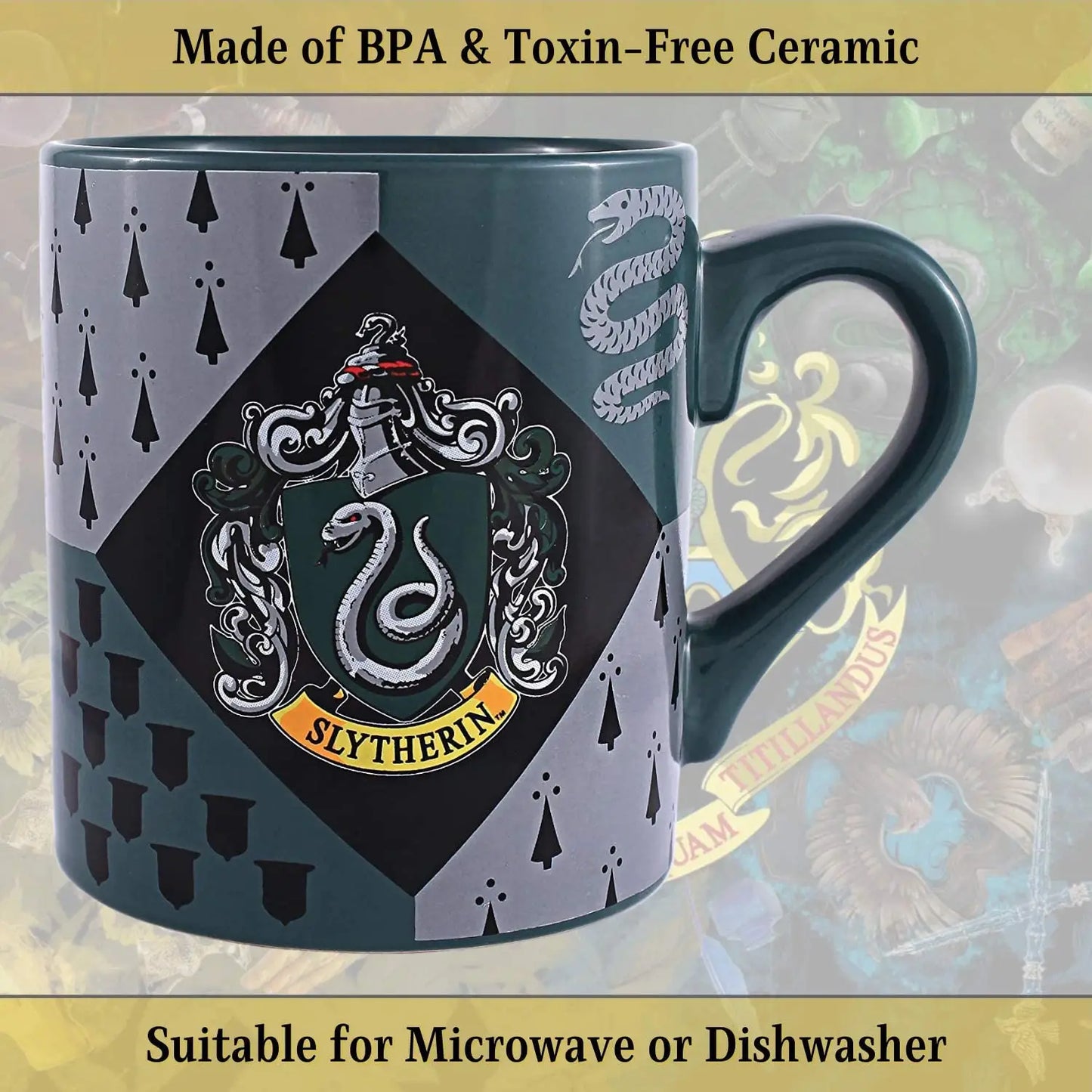 Harry Potter Hogwarts Slytherin House Crest 14oz Ceramic Mug BPA Free Microwave and DIshwasher Safe