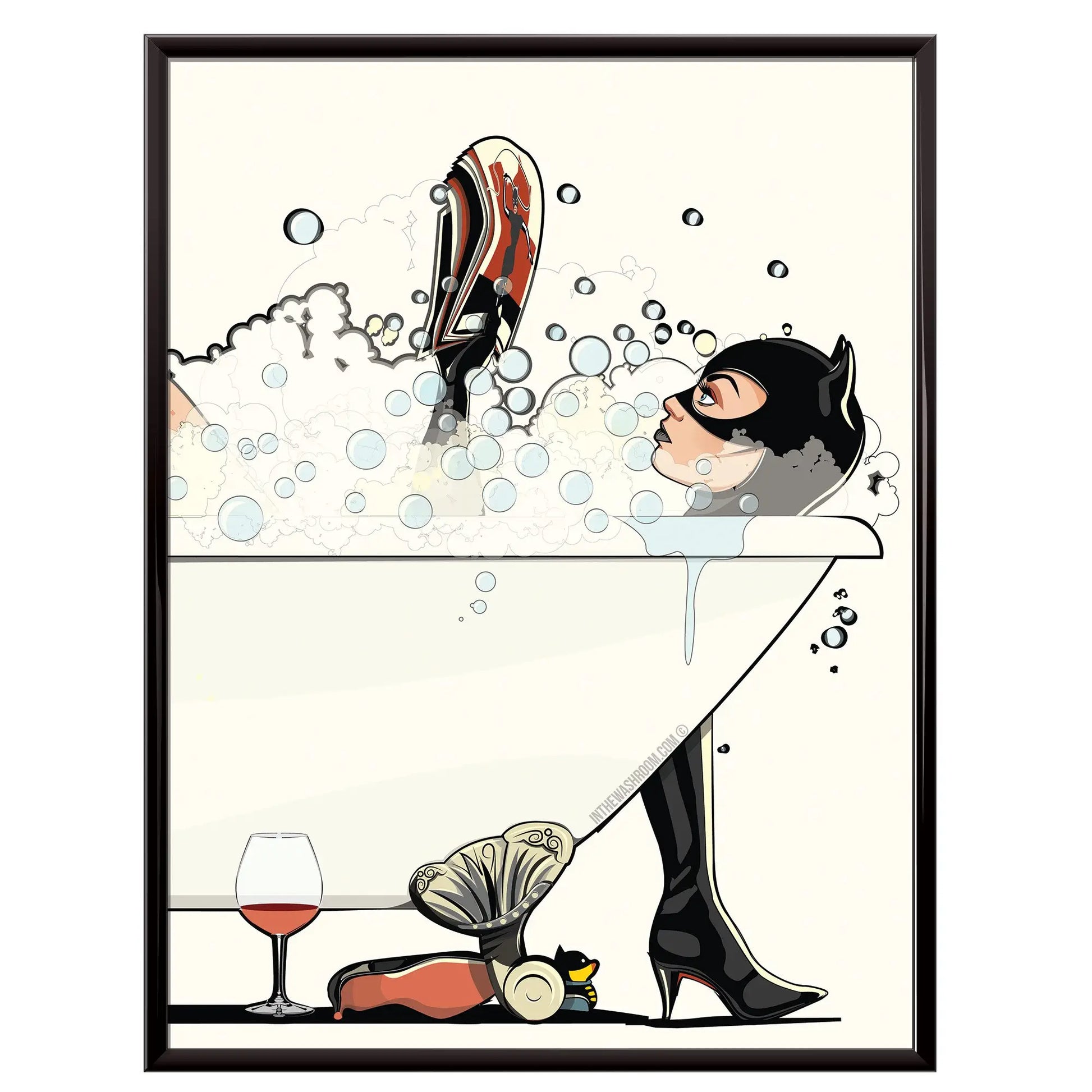 Funny Art Print of Catwoman in the Bath: 12in x 16in Unframed