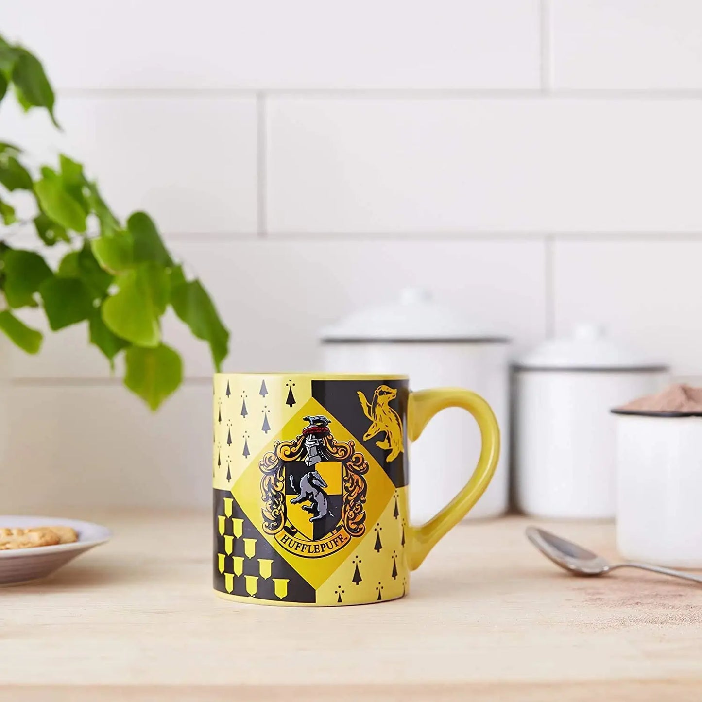 Harry Potter Hogwarts Hufflepuff House Crest 14oz Ceramic Mug on Counter