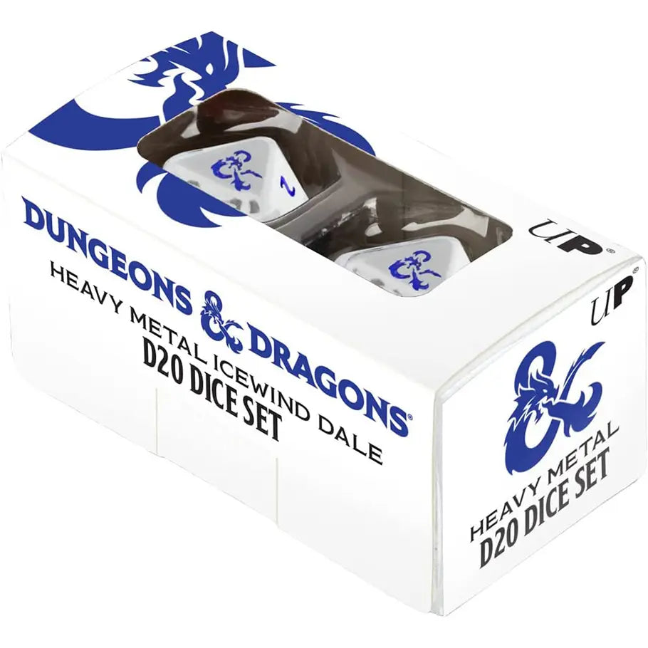 Boxed Official Dungeons & Dragons Heavy Metal D20 Dice Set, white and blue Icewind Dale Set