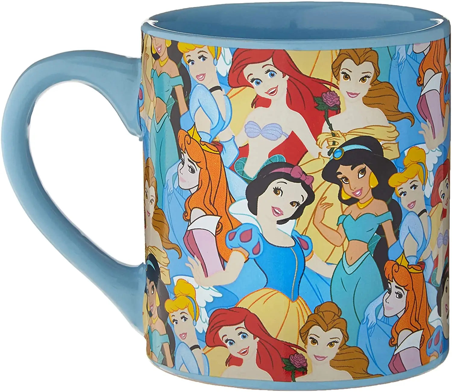 Disney Princess Collage 14oz Ceramic Mug: Featuring Ariel Aurora Belle Cinderella Jasmine Snow White Close Up Front Profile