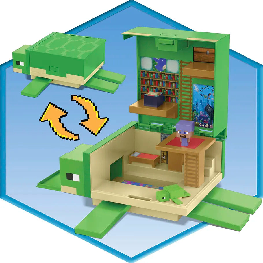 Minecraft Seaturtle Transforming Hideout Base Toy Set Featuring Steve Closed and Open View