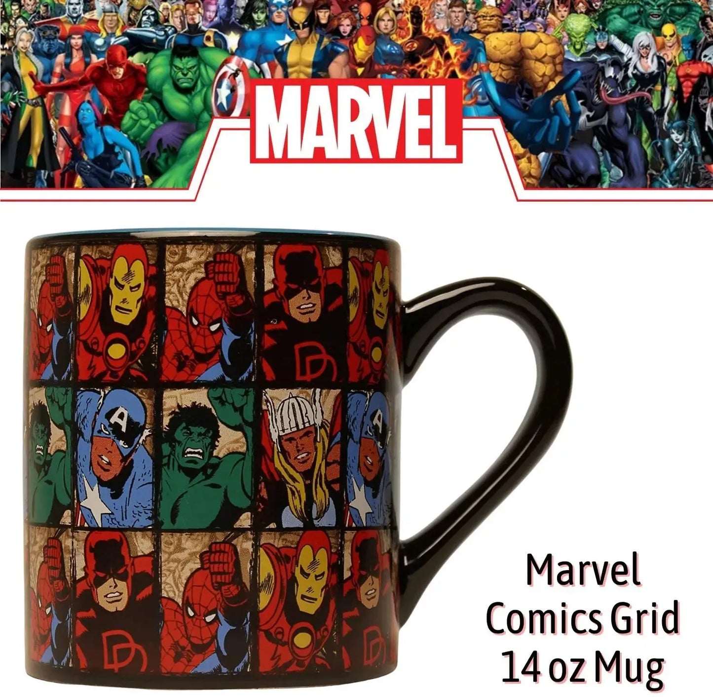 Marvel Comics Grid 14oz Ceramic Mug: Spider-man Hulk Thor Daredevil Ironman Captain America With Marvel Branding Logo