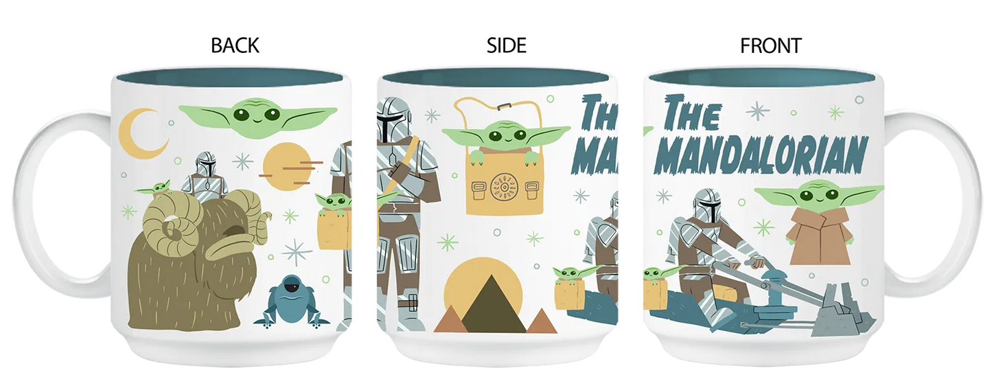 Star Wars The Mandalorian 14oz Stackable Ceramic Mug: Cartoon Grogu Scene Front Back Side Diagram