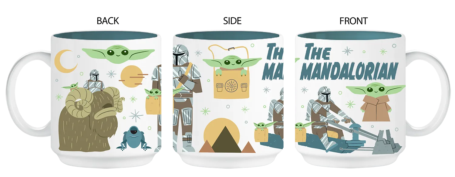 Star Wars The Mandalorian 14oz Stackable Ceramic Mug: Cartoon Grogu Scene Front Back Side Diagram