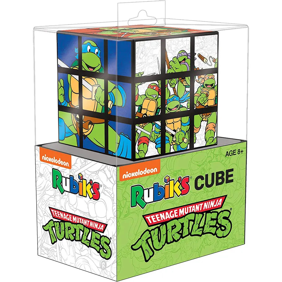 officially licensed Rubik's Cube featuring characters from Teenage Mutant Ninja Turtles - Leonardo, Raphael, Michelangelo, Donatello, and Shredder 