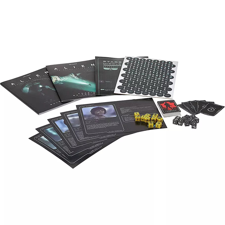 Dice, Cards, Tokens, and Booklets from the Alien Official RPG Boxed Starter Set