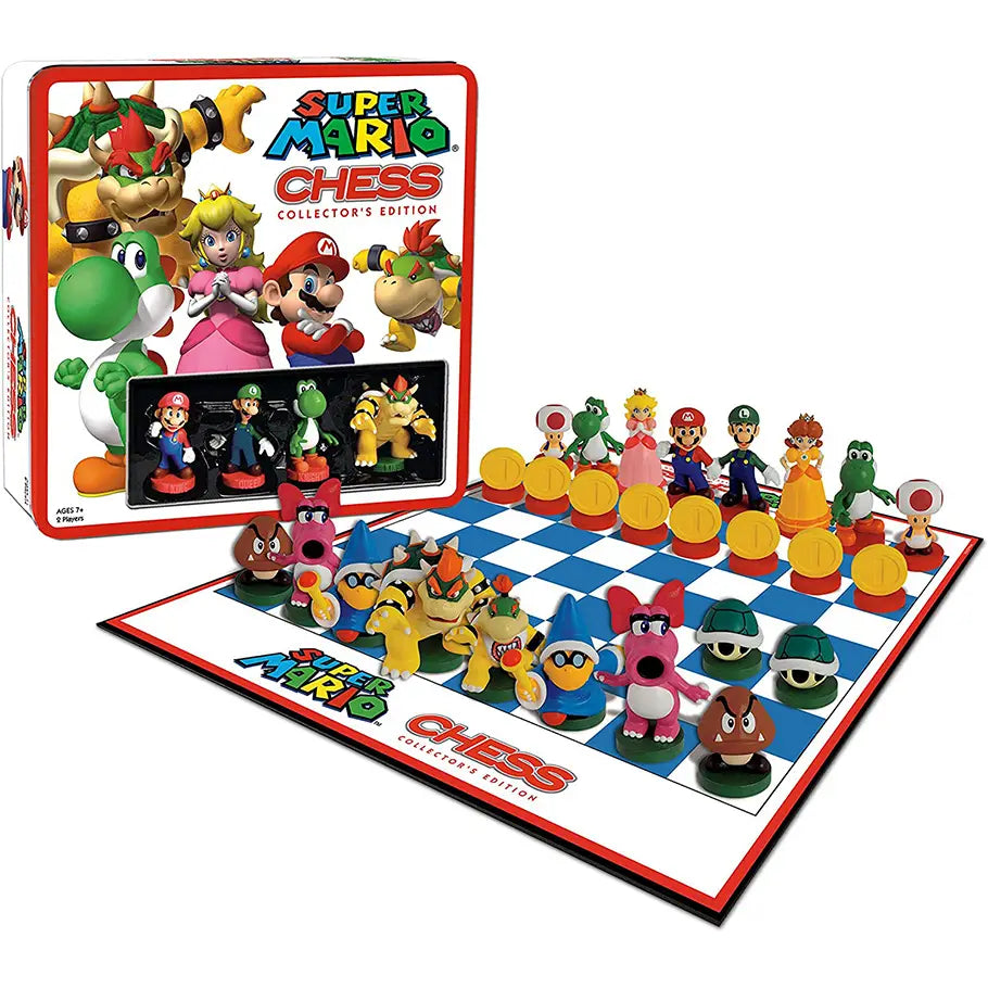 Super Mario Bros Collectible Chess Set on Display with Collectible Tin and Figures