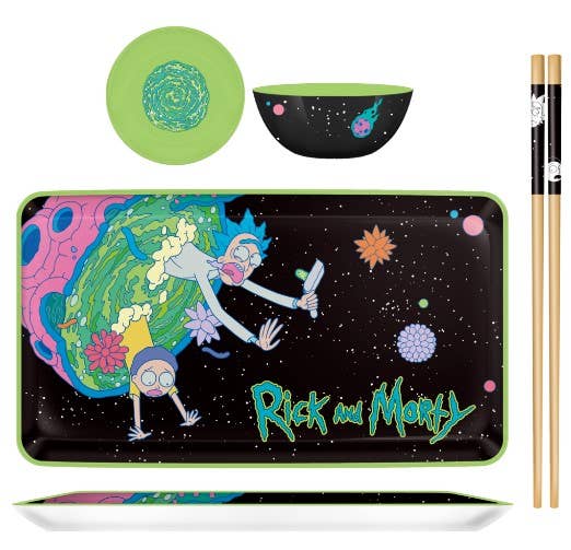 Warner Bros Rick and Morty Pink Planet Portal Boxed 3pc Ceramic Sushi Set