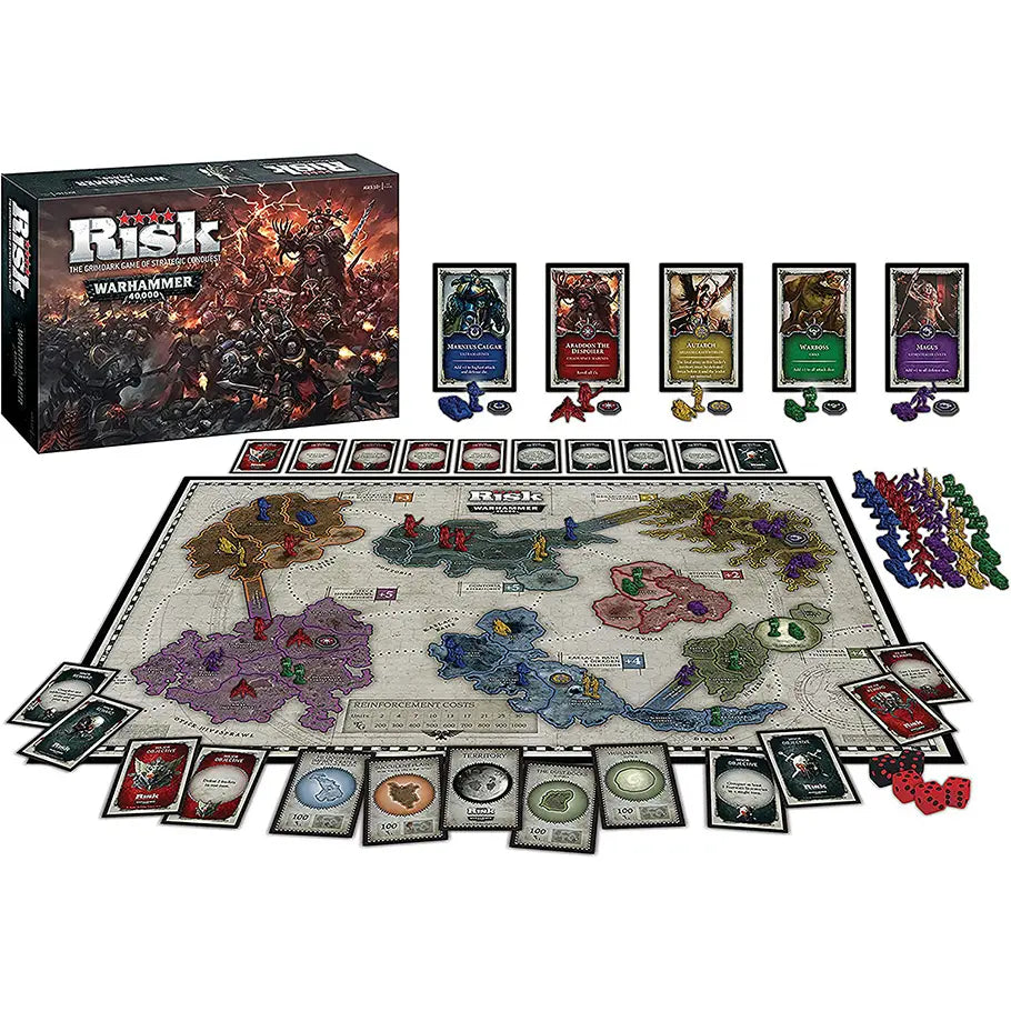 Risk Warhammer 40,000 completely on display showing all pieces, factions, and board