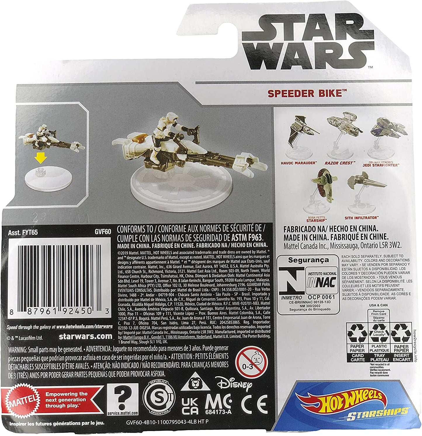 Hot Wheels Star Wars Starships: White Speeder Bike: 1:64 Scale Diecast w/ Stand