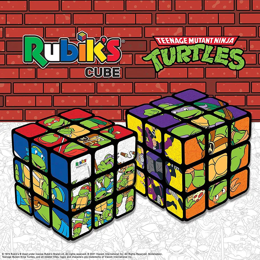 Full View of All Sides - officially licensed Rubik's Cube featuring characters from Teenage Mutant Ninja Turtles - Leonardo, Raphael, Michelangelo, Donatello, and Shredder 