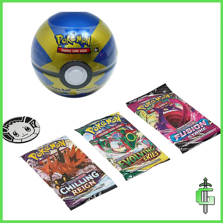 Pokemon TCG Collectible Tin Shaped Like a Pokeball. Includes 3 Booster packs and is Blue Colored